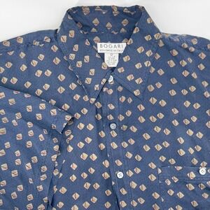 Bogari Vintage Mens L Silk Button Down Shirt Short Sleeve Blue Geometric Diamond
